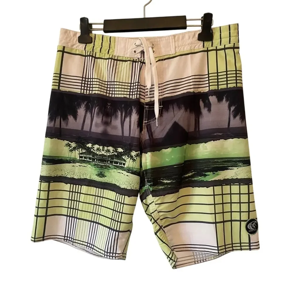 Wave Life Men's XL Swim‎ Board Shorts Green Black Swim Beach Travel Resort NWT